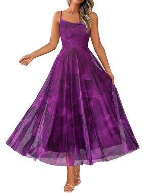 Women's Summer Floral Maxi Spaghetti Strap Floral Purple Printed Beach Dress